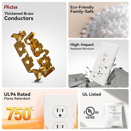 AIDA 4 Pack Matte White Standard Duplex Electrical Wall Receptacle Outlet, 15A 125V, 2 Pole 3 Wire, Tamper Resistant, NEMA 5-15R, Self-Grounding, Wall Plate Included, UL Listed