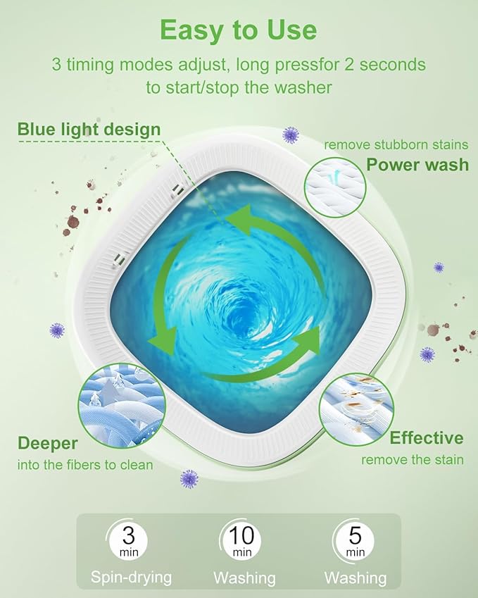Portable Washing Machine, 16L Mini Foldable Washer with Spin Basket, 3 Cleaning Modes & Deep Cleaning Small Compact Laundry Machine of Small Clothes for Apartments, Dormitories, Home, RV, Travel Green