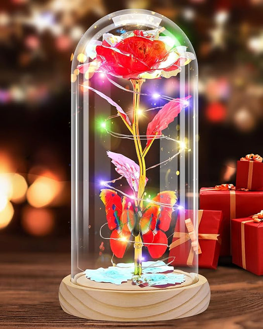Otlonpe Preserved Forever Mothers Day Flower Gifts for Mom, Glass Rose Wood Base Colorful Light Butterfly Gifts for Women Grandma Girlfriend Wife Her, Valentines Mothers Day Christmas Birthday