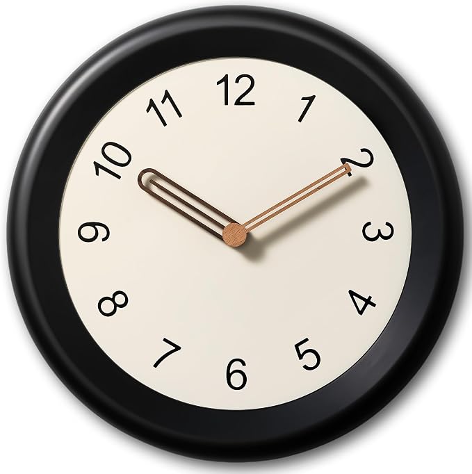 Mosewa 10 Inch Black Wall Clock Silent Non-Ticking Quartz Battery Operated Analog Clock with Wood Hands, Easy to Read Minimalist Round Clock for Kitchen Living Room Bedroom Office