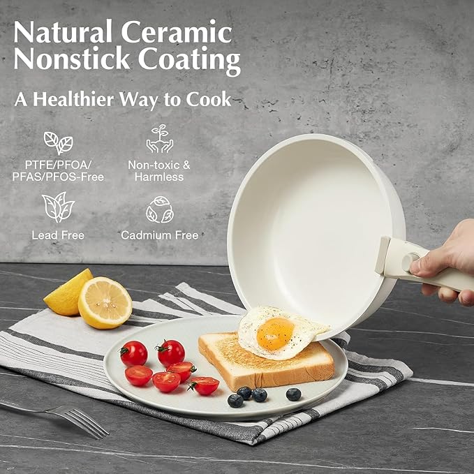 White Non-Stick Ceramic Cookware Set, 5-Piece Pots and Pans Set with Detachable Handles, Perfect for Everyday Cooking, RV Camping, and Compact Kitchens, Induction Compatible, PFOA & PTFE Free