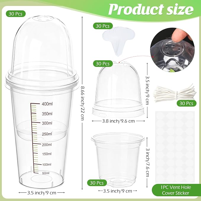 30 Pack 3.5" Self Watering Propagation Pots, Seed Starter Cups with Dome | Large Dual-Layer Clear Pots, Vent Dome, Self-Watering Reservoir, For Cuttings & Seedlings, 30 Plant Labels Included
