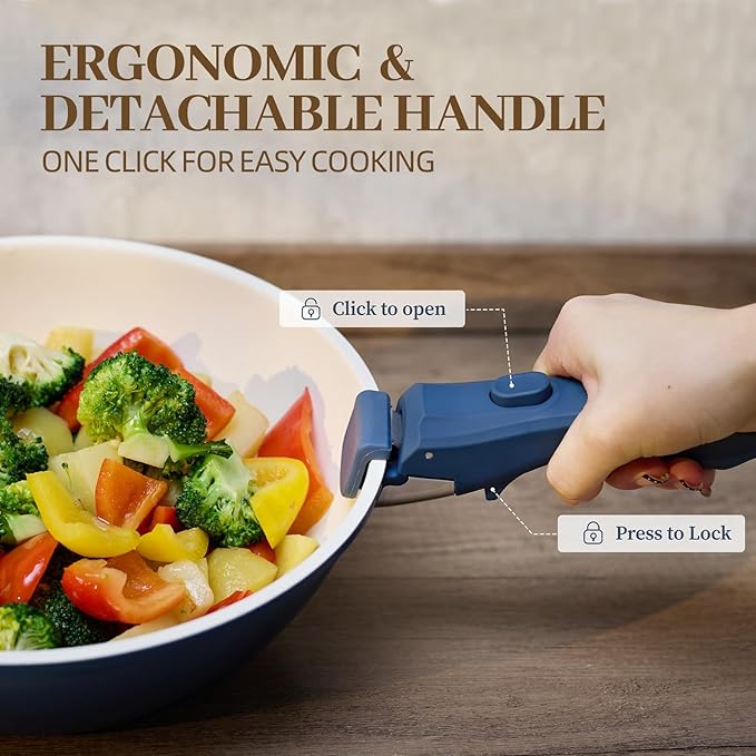 23Pcs Ceramic Cookware Set Non Stick Pots and Pans Set Non Toxic with Detachable Handle Induction Kitchen Cookware Set Space Saving, Oven & Dishwasher Safe, Navy Blue