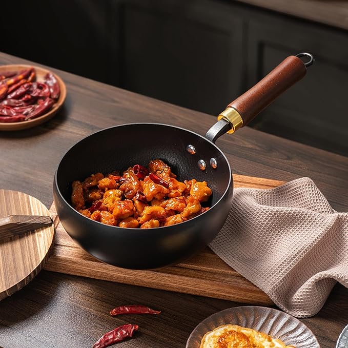 Mini Carbon Steel Wok Pan with Wooden Lid, Nonstick Stir Fry Skillet, Detachable Wooden Handle, Multi-Functional Cooking Pan for Gas Stoves,20cm/7.9in(20cm/7.9in)