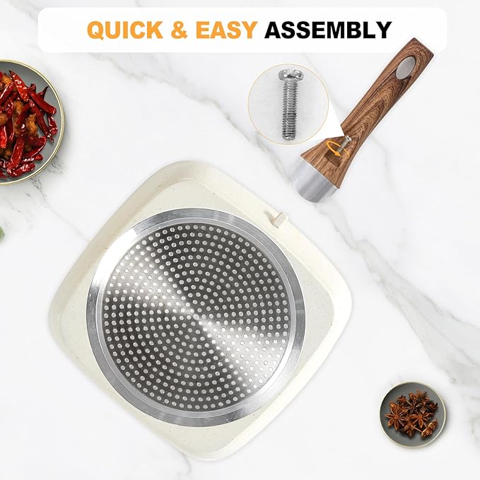 NEWBULIG 3-Piece Nonstick Grill Pan Set, Square Griddle Pans with Wooden Handles, Induction Cooktop Compatible, Nonstick Cookware for Steak, BBQ, Vegetables, Cream White (9.5", 10.2", 11")