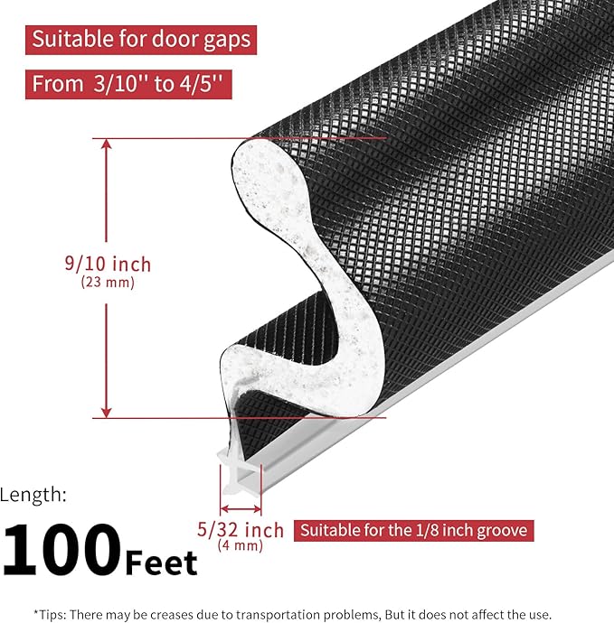 100 Feet Kerf Door Weather Stripping Door Seal, Long Reach V-Shaped Door Seal Strip for Door Frame Door Weatherstripping Insulation Strip Door Soundproofing for Large Gap(Black)