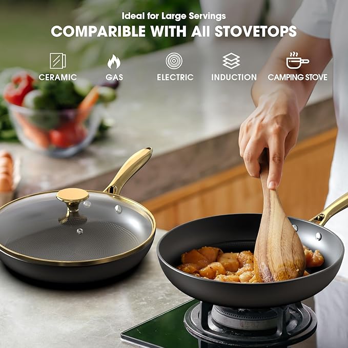 imarku Non Stick Frying Pans, 10 & 12 Inch Cast Iron Skillets with Lids, Frying Pan Set with Honeycomb Texture, Oven Safe & Induction Available, Best Gifts