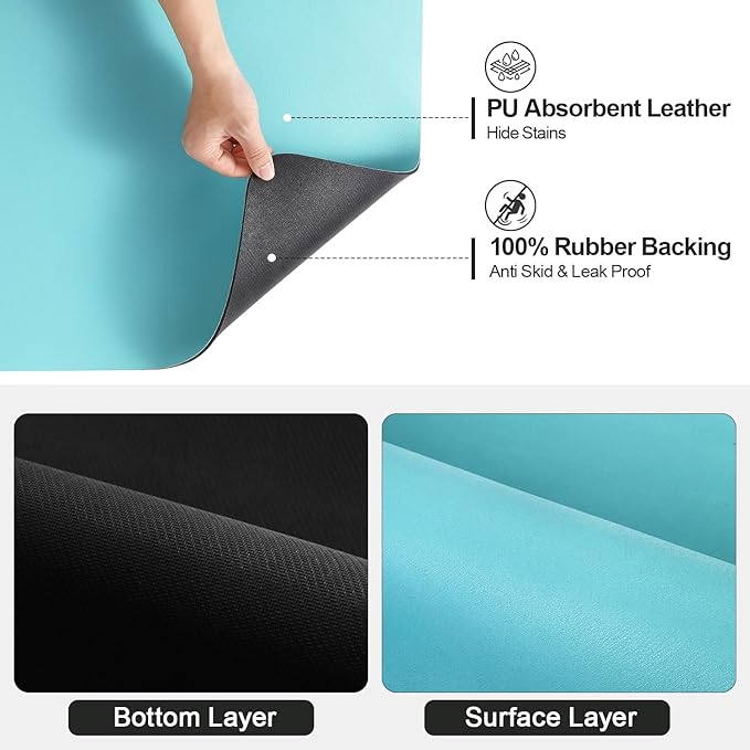Ecotrim Absorbent Coffee Mat , Stain Hiding PU Leather Surface, Non-Slip Natural Rubber Backing, Quick Dry Mat for Espresso Machine, Kitchen Counter ,Turquoise | 16" x 24"