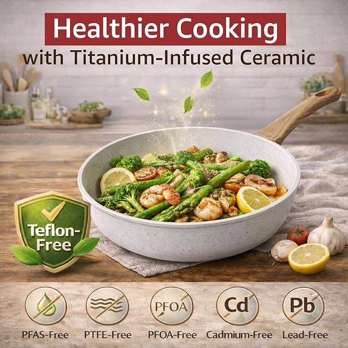 Bazova 24-Piece Pots and Pans Set Non Stick, Titanium-Reinforced Ceramic Cookware Set, Long-Lasting Nonstick,Non Toxic PFAS-Free, Induction Compatible, Complete Kitchen Set for Everyday Cooking