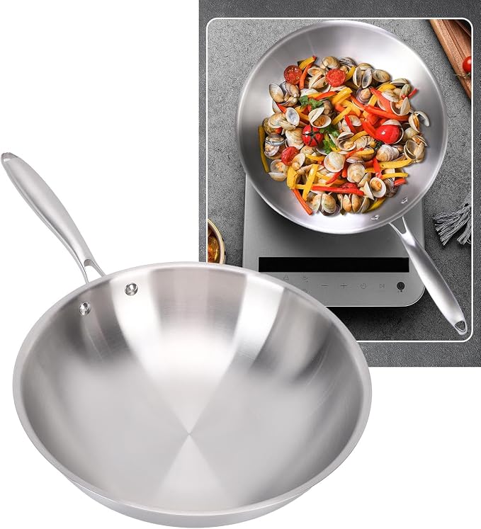 ZJchao Stainless Steel Wok Pan, Stir Frying Pan, Induction Cooking Wok with Handle Nonstick Stir Fry Cookware for Induction Electric Gas All Stove (34CM)