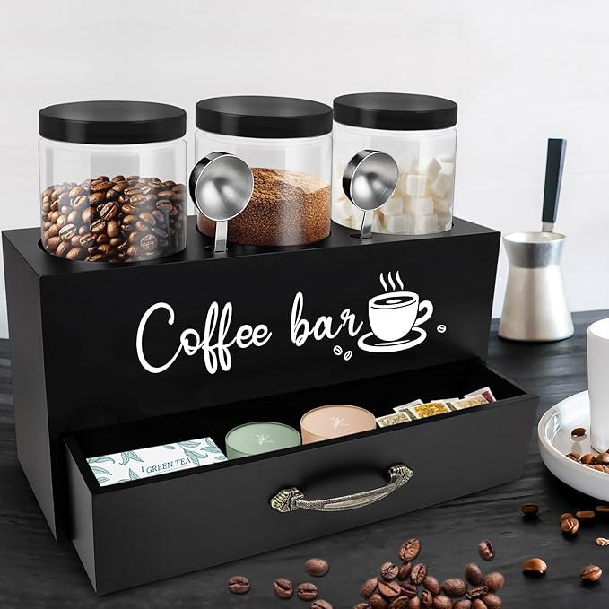 MACIFECI 54 oz Coffee Canister Set with Shelf, Coffee and Sugar Container Set of 3 Canisters Sets for Kitchen Counter, Plastic Coffee Bean Storage Container with Scoop (Black - Drawer)