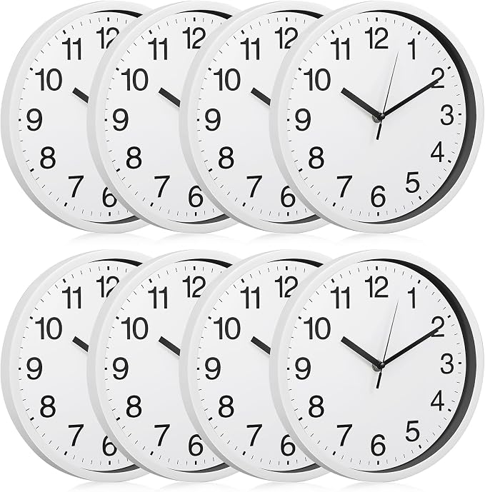 Inbagi 8 Pcs Wall Clock Large Silent Battery Operated Wall Clocks Modern Non Ticking Wall Clocks Bulk Decorative for Kitchen Office Living Room Home Bathroom Bedroom Classroom(White,12 Inch)