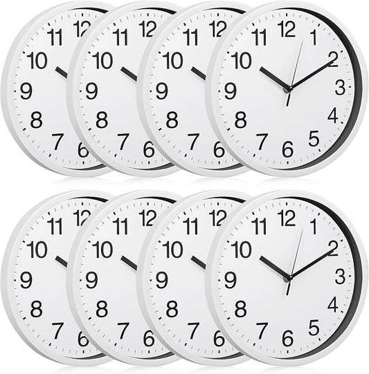 Inbagi 8 Pcs Wall Clock Large Silent Battery Operated Wall Clocks Modern Non Ticking Wall Clocks Bulk Decorative for Kitchen Office Living Room Home Bathroom Bedroom Classroom(White,12 Inch)