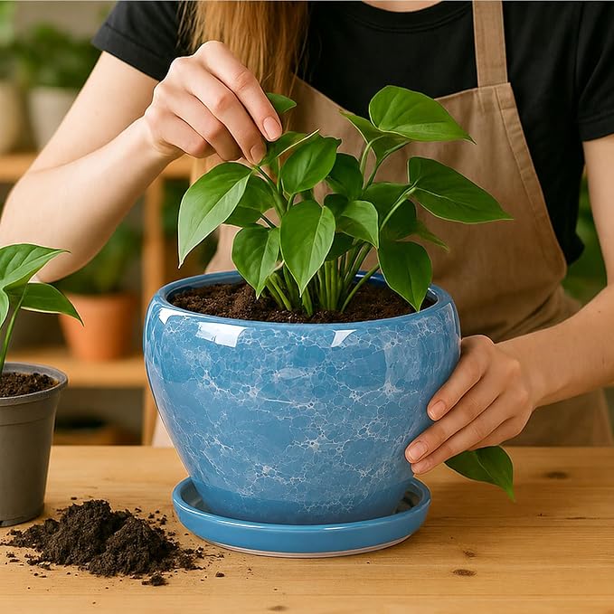Deep Dream 8 Inch Plant Pots- Ceramic Pots for Plants with Drainage Hole and Saucer, Large Planter Pot for Indoor Plants Outdoor Decor, Gemstone Blue