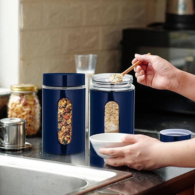 Mimorou 6 Pack Kitchen Canisters Set Airtight Coffee Sugar Tea Storage Jars with Window Glass Stainless Steel Containers with Lids for Flour Cookies Spices Grains Kitchen Decorations (Navy Blue,32 oz)