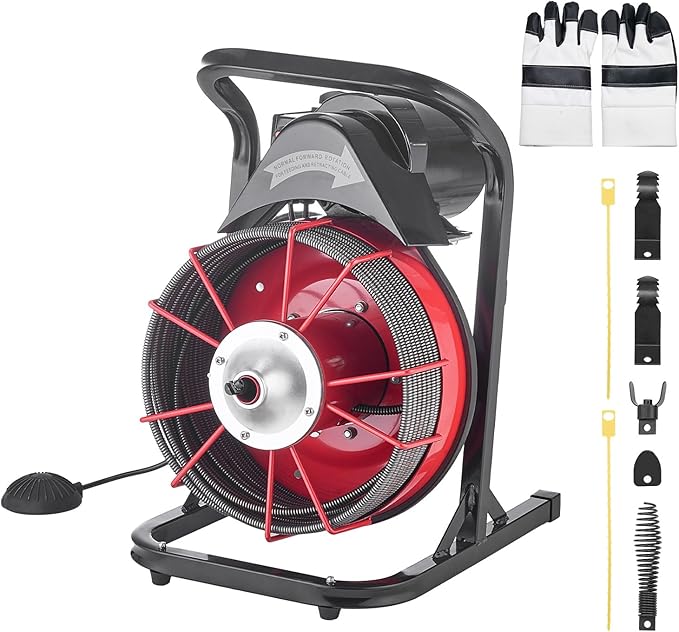 VEVOR Drain Cleaner Machine 50 FT x 1/2 Inch, Sewer Snake Auger Manual Feed with 4 Cutters & Air-activated Foot Switch for 2" to 6" Pipes