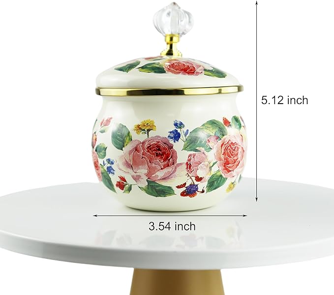 Floral Enamel Sugar Bowl Gold Ethnic Seasoning Jar Vintage Tea Canister Spice Box Retro Coffee Candy Storage Pot Bohemian Pink Flower Beige Salt Container Jar for Home Kitchen Decor