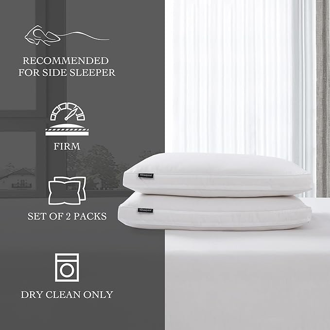 Beautyrest White Feather Down Fiber Pillows Set of 2 Pack with 2" Gusset Support Pillows,Hotel Collection 100% Cotton Hypoallergenic Medium Firm Bed Pillows for Side Sleeper