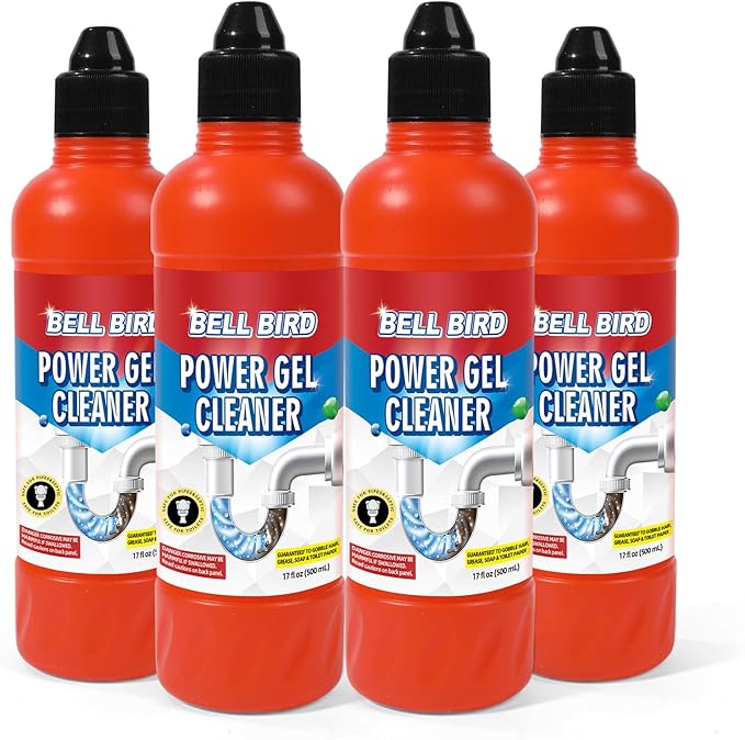 Bell Bird Drain Clog Remover & Pipe Cleaner - Thick Power Gel Dissolves Hair, Grease, and Soap Scum - Septic Safe Odor Eliminator for Kitchen Sinks, Tubs, Showers & Toilets (Pack of 4)