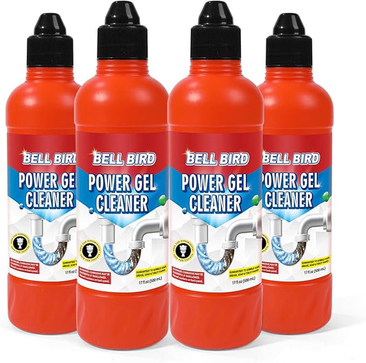 Bell Bird Drain Clog Remover & Pipe Cleaner - Thick Power Gel Dissolves Hair, Grease, and Soap Scum - Septic Safe Odor Eliminator for Kitchen Sinks, Tubs, Showers & Toilets (Pack of 4)