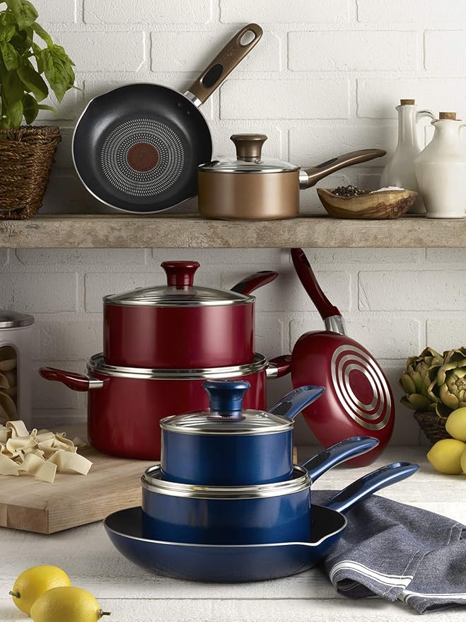 T-fal B037SE64 B037SE Excite ProGlide Nonstick Thermo-Spot Heat Indicator Dishwasher Oven Safe Cookware Set, 14-Piece, Blue