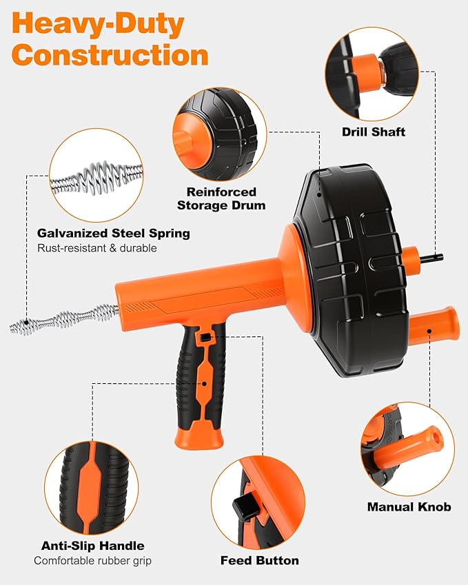 Drain Auger 25 ft, Auto Feed Plumbing Snake Hair Clog Remover with Drill Adapter, Heavy Duty Drain Cleaner Tool Kit with Gloves & Brush for Kitchen Sink Shower Bathtub Bathroom Toilet Clog Removal