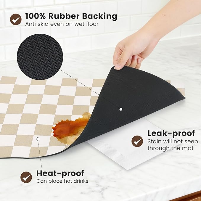 16" x 24" Checkered Dish Drying Mat for Kitchen Counter, Absorbent Coffee Bar Mat for Espresso Machine Coffee Countertops Accessories, Beige