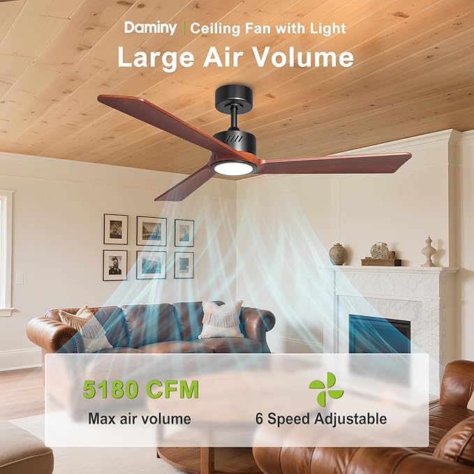 DAMINY Natural Solid Wood 52 inch Ceiling Fan with Light,3 Blade,6CCT,Black Low Profile Ceiling Fan with Light and Remote Control