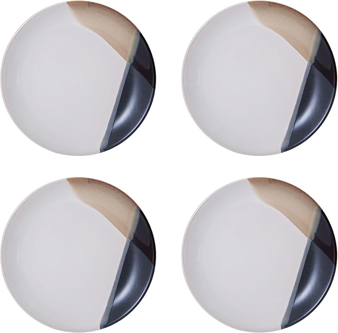 Mikasa Gourmet Basics Caden 16-Piece Stoneware Dinnerware Set, Service for 4, White Glossy Center with Black and Tan Two-Tone Reactive Glaze, Dishwasher and Microwave Safe