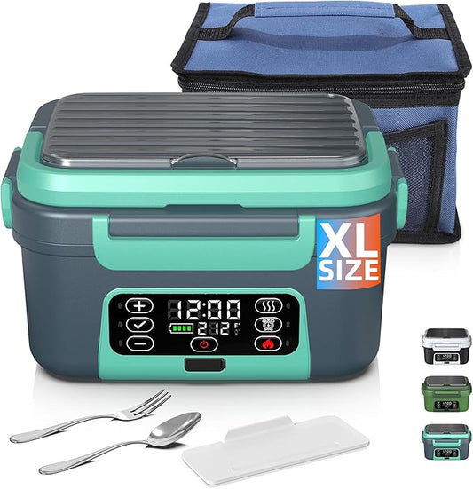 Cordless Electric Heated Lunch Box, XL 6.3Cups Rechargeable Food Warmer Lunch Box with Self Heating, Smart Timer, Adjustable Temperature, Leakproof, BPA Free, Removable Divider Dark Gray