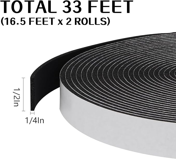 Storystore Weather Stripping Door Seal Strip, 1/2In x 1/4In x 33FT Self Adhesive Foam Tape for Door Window Insulation Soundproofing Weatherstrip, High Density Foam Seal for Doors Windows Furniture