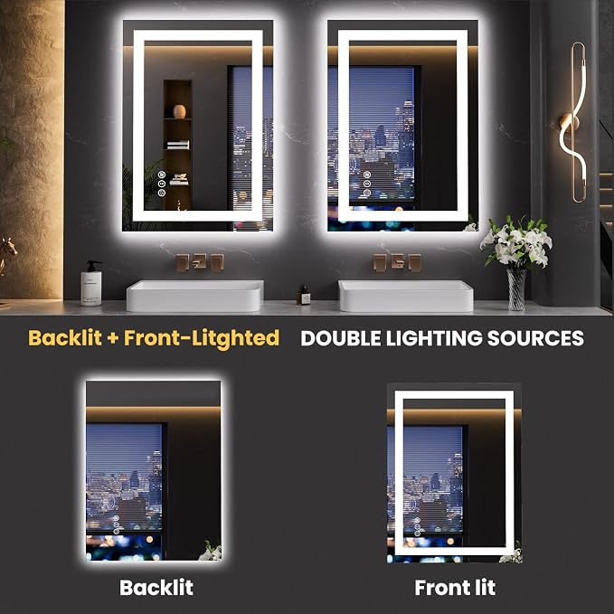 LOAAO 20"X28" LED Bathroom Mirror with Lights, Anti-Fog, Dimmable, Backlit + Front Lit, Lighted Bathroom Vanity Mirror for Wall, Memory Function, Tempered Glass, Safe to Use, ETL Listed