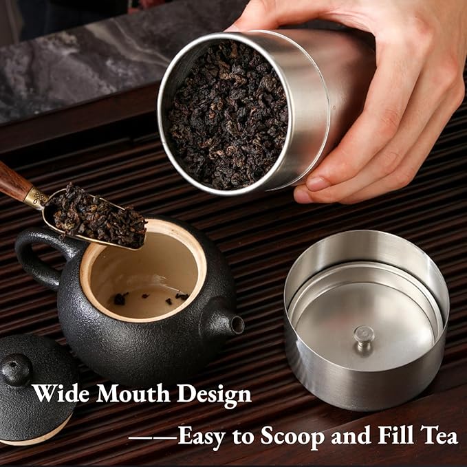 AUNMAS Tea Tin Canister, Stainless Steel Tea Coffee Sugar Storage Container with Airtight Double Lids for Loose Tea and Tea Bags, Kitchen Cup for Coffee Sugar Seasoning Storage (450ml)