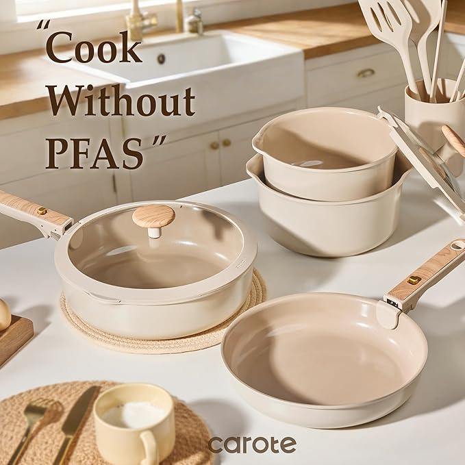 CAROTE 19 Pcs Ceramic Cookware Sets, Pots and Pans Set Non Stick,Detachable Handle, Induction & Oven Safe, Stackable Space-Saving, Cookware Non Stick Cooking Set (PFOS, PFOA Free)