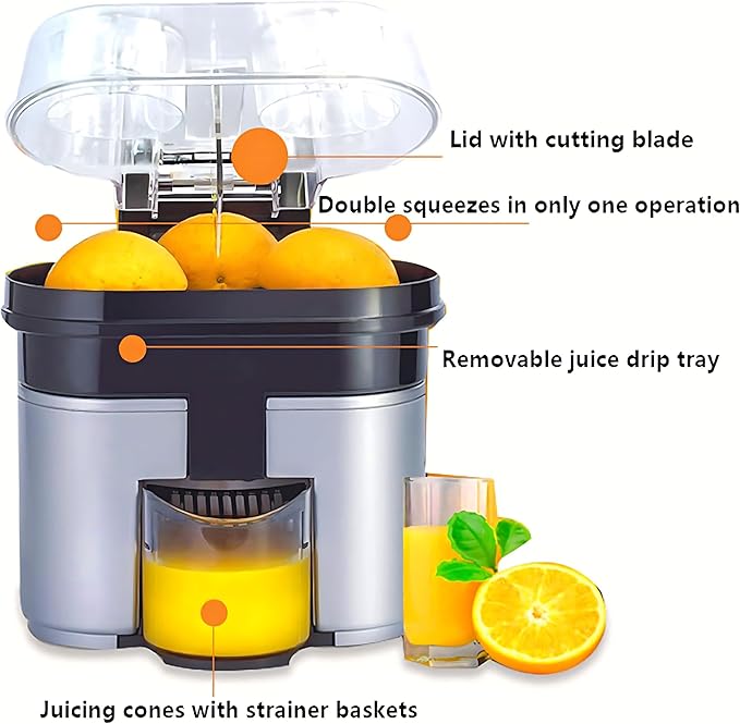 Twin Citrus Juice Maker, 500Ml Dual-head Electric Juicer with Built-In Slicer, Removable Cone Attacents and Strainer