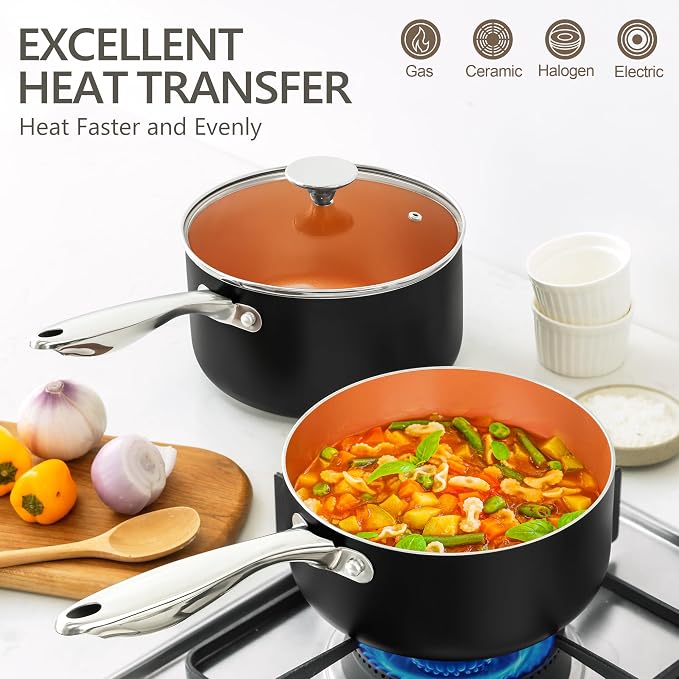 MICHELANGELO Sauce Pan with Lid, Ultra Nonstick 3 Qt Saucepan with Lid, 3 Quart Non Stick Pot Induction Compatible, Ceramic Small Pot, Copper