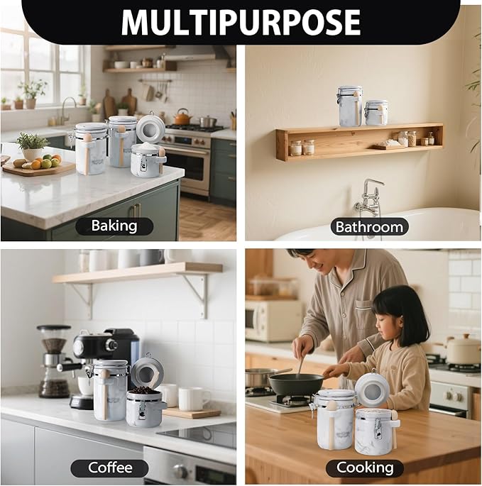 4-Piece Airtight Ceramic Canisters Set with Wooden Spoons & Chalk Labels – Perfect for Coffee, Sugar, Flour, Tea (Marble) – Stylish & Leakproof Kitchen Storage