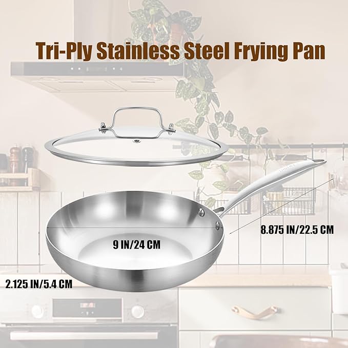 LOLYKITCH 9.5 Inch Tri-ply Stainless Steel Frying Pan with Lid,Skillet,Induction Cooking Pan,Dishwasher and Oven Safe,Riveted Handle.
