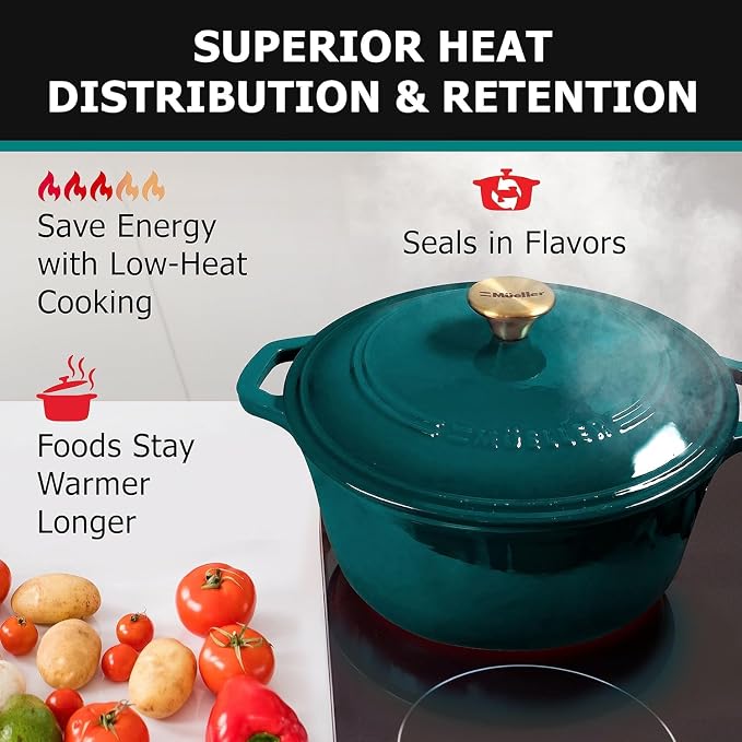 MUELLER HOME 7.5 QT Enameled Cast Iron Dutch Oven, Heavy-Duty Casserole Dish and Braiser Pan with Lid and Stainless Knob, Oven-Safe up to 500° F & Across All Cooktops, Emerald | Heavy-Duty Casserole Dish and Braiser Pan, Lid with Stainless Knob, Oven-S...