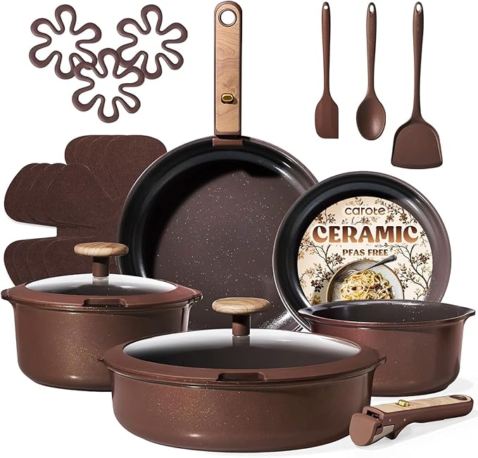 CAROTE Pots and Pans Set, Ceramic Cookware Set Non Stick with Detachable Handle, RV Kitchen Cooking Set, Induction & Oven Safe, Non-Toxic, PFAS and PFOA Free, Dark Choco, 19 Pcs