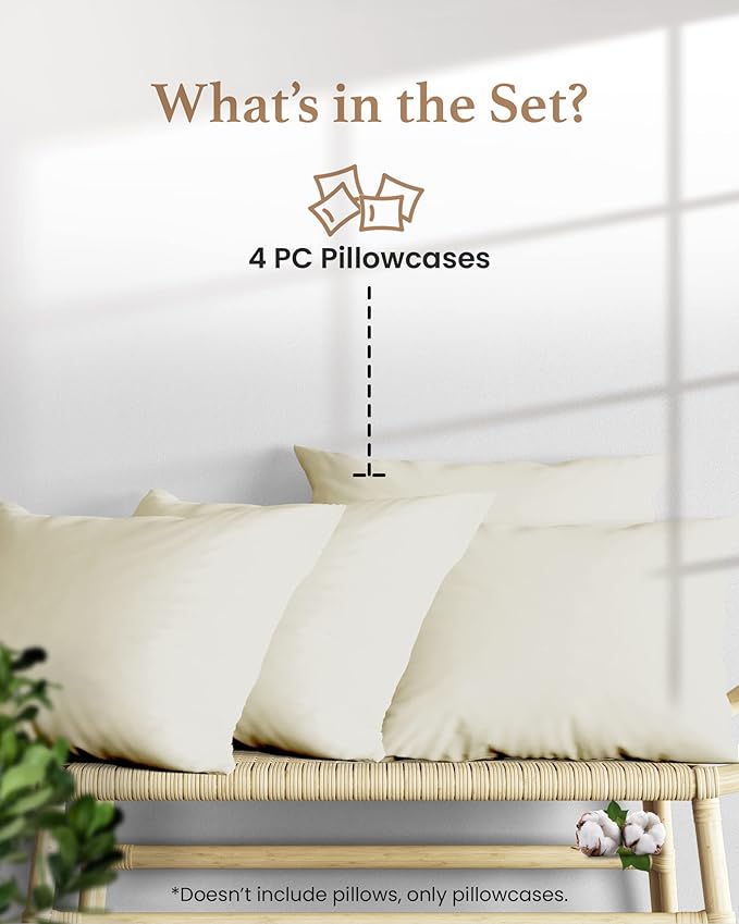 1000 TC Ivory King Pillowcases Set of 4 100% Egyptian Cotton Pillow Cases with Long Staple Cotton & Sateen Weave, Silky Soft Hotel - Like Bed Pillow Covers for Comfy Sleeping, Snug Fit