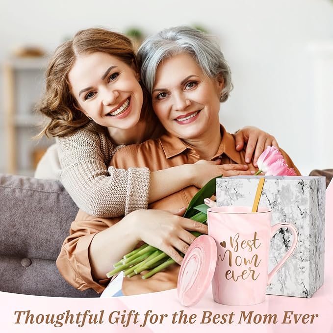 YHRJWN Mothers Day Gifts for Mom, Best Mom Ever Coffee Mug, Mom Mothers Day Gifts from Daughter Son, Moms Gift Idea for Birthday, Valentines Day, Present for Moms Mothers, 14 Oz Pink