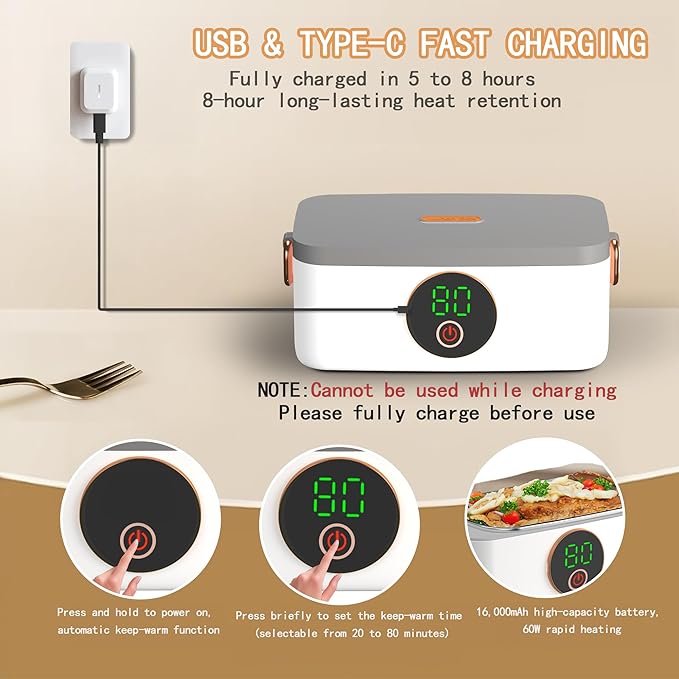 Portable Cordless Electric Heated Lunch Box for Adults,Heating Food Warmer Lunch Box,Rechargeable 16000mAh Battery,1000ml Capacity Inner Container,Lunchbox for Travel,Outdoor,Picnic,Office