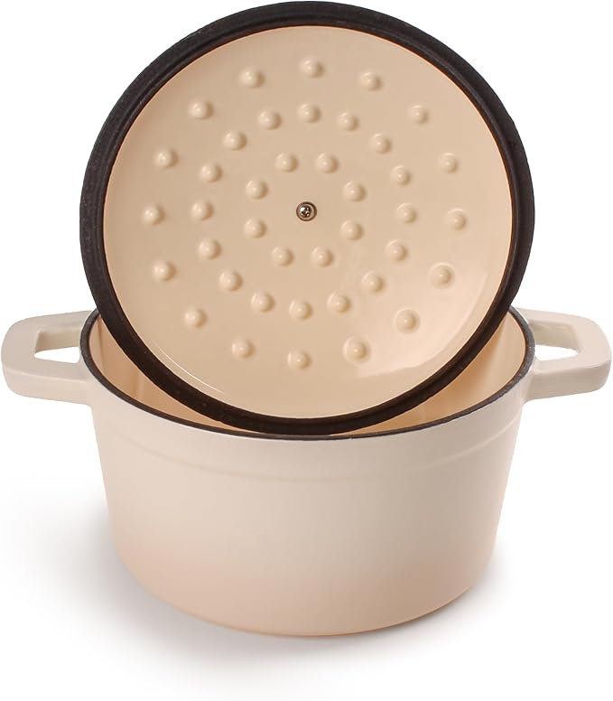 BergHOFF Neo 4Pc Enameled Cast Iron Cookware Set, Grill Pan 11 inches, Fry Pan 10 inches, 3qt. Dutch Oven, Matching Lid, Fast, Evenly Heat, Oven Safe (Meringue)