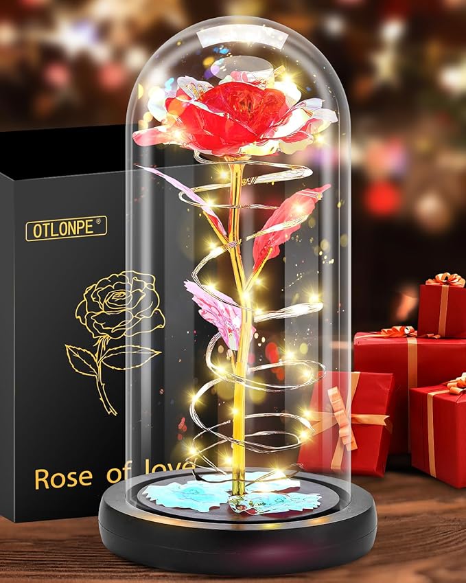 Otlonpe Preserved Forever Mothers Day Flower Gifts for Mom, Glass Light Up Rose Gifts for Women Grandma Girlfriend Wife Sister Her, Valentines Mothers Day Christmas Birthday Womens Gift (Red)