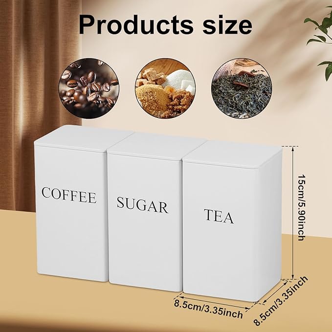 3Pcs Tea Coffee Sugar Canisters Set, Metal Coffee and Sugar Containers, Versatile Kitchen Storage Jars with Airtight Lids, Space Saving Food Canisters Set for Home Kitchen (White)