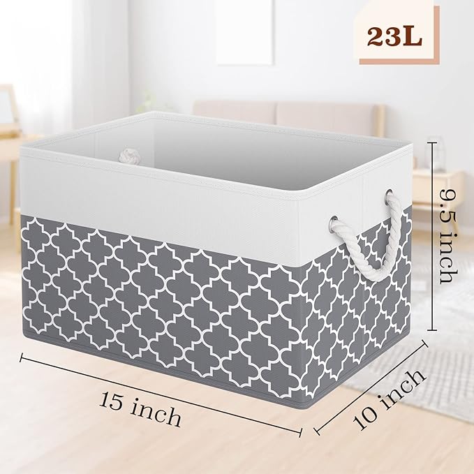 Fab totes Storage Bins [6-Pack], Foldable Storage Baskets for Organizing Toys, Books, Shelves, Closet, Large Storage Box with Rope Handles, Sturdy Organizer Bins,Clover Grey