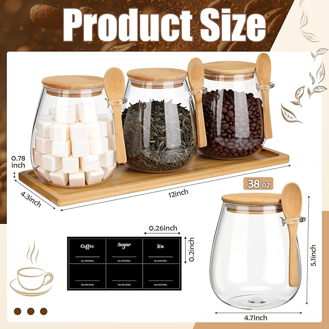 Suclain 3 Pcs Glass Coffee Container with Wooden Lid Spoon Tray Shelf Labels Clear Airtight Glass Jar Storage Container Set for Coffee Beans Tea Leaves Grains Dried Fruits Sugar Spice(38oz)