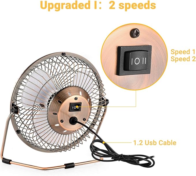 EasyAcc 6 Inch USB Desk Fan, 360°Rotation Small and Quiet,Powerful Portable Strong Airflow,Mini Metal Personal Cooling Fan with 2 Speed for Home Office,Bronze(USB POWERED ONLY)