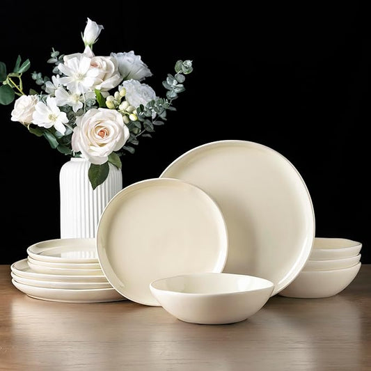 AmorArc Ceramic Dinnerware Sets,Handmade Reactive Glaze Stoneware Plates and Bowls Sets,Highly Scratch Resistant | Dishwasher & Microwave Safe Dishes Set,Service for 4 (12pc)